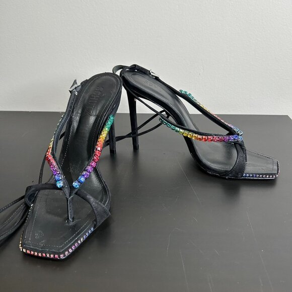 Schutz Vikki Rainbow Crystal Sandal Nubuck Leather Straps Black Size 8.5 - Picture 6 of 14